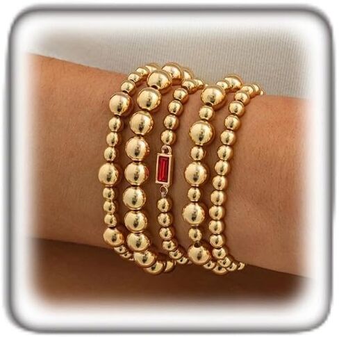 5Pcs Gold Chunky Beaded Bracelets Set for Women, Vintage Elastic Sparkling Rhinestone Statement Bracelet Stackable Layering Jewelry Prom Party Gift in Saudi Arabia