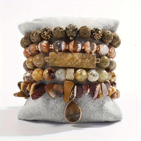 5Pcs Boho Stackable Beaded Bracelets with Crystal Agate Pendant, Stretch Elastic Charm Bracelets for Women Jewelry Gifts in Saudi Arabia
