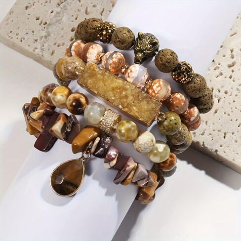 5Pcs Boho Stackable Beaded Bracelets with Crystal Agate Pendant, Stretch Elastic Charm Bracelets for Women Jewelry Gifts in Saudi Arabia