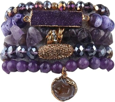 5Pcs Boho Stackable Beaded Bracelets with Crystal Agate Pendant, Stretch Elastic Charm Bracelets for Women Jewelry Gifts in Saudi Arabia
