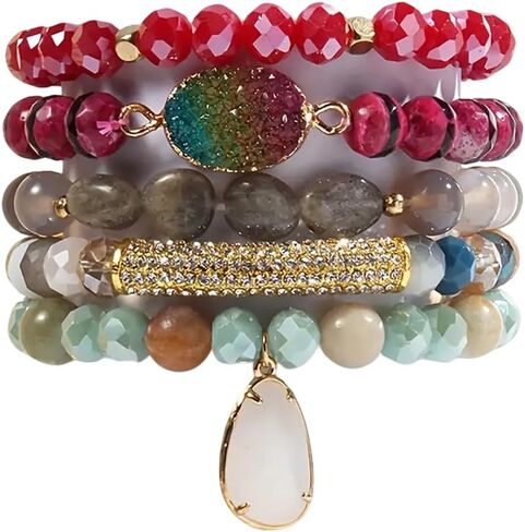 5Pcs Boho Stackable Beaded Bracelets with Crystal Agate Pendant, Stretch Elastic Charm Bracelets for Women Jewelry Gifts in Saudi Arabia