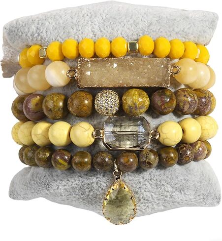 5Pcs Boho Stackable Beaded Bracelets with Crystal Agate Pendant, Stretch Elastic Charm Bracelets for Women Jewelry Gifts in Saudi Arabia