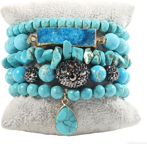 5Pcs Boho Stackable Beaded Bracelets with Crystal Agate Pendant, Stretch Elastic Charm Bracelets for Women Jewelry Gifts in Saudi Arabia