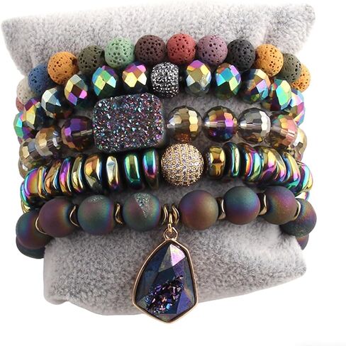 5Pcs Boho Stackable Beaded Bracelets with Crystal Agate Pendant, Stretch Elastic Charm Bracelets for Women Jewelry Gifts in Saudi Arabia