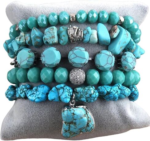 5Pcs Boho Stackable Beaded Bracelets with Crystal Agate Pendant, Stretch Elastic Charm Bracelets for Women Jewelry Gifts in Saudi Arabia