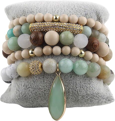 5Pcs Boho Stackable Beaded Bracelets with Crystal Agate Pendant, Stretch Elastic Charm Bracelets for Women Jewelry Gifts in Saudi Arabia