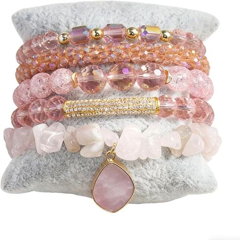 5Pcs Boho Stackable Beaded Bracelets with Crystal Agate Pendant, Stretch Elastic Charm Bracelets for Women Jewelry Gifts in Saudi Arabia