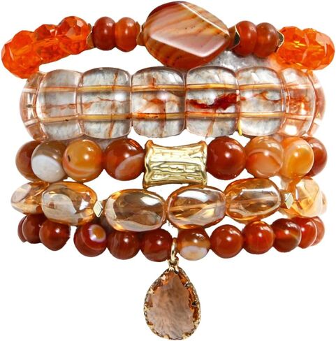 5Pcs Boho Stackable Beaded Bracelets with Crystal Agate Pendant, Stretch Elastic Charm Bracelets for Women Jewelry Gifts in Saudi Arabia