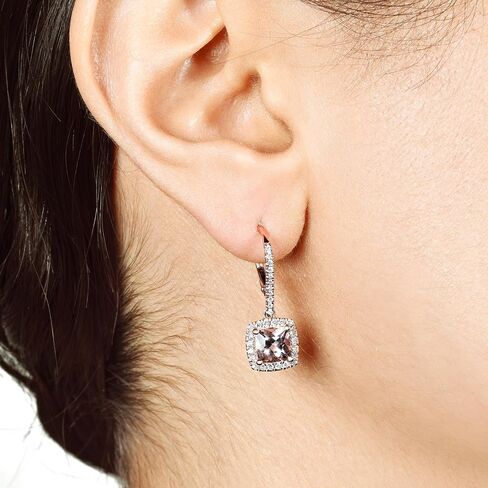 14K Rose Gold Genuine Morganite 6mm Cushion, Diamond Dangle Earrings in Kuwait