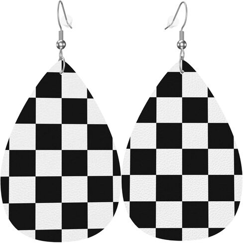 Checkerboard Chess Board Flag Faux Leather Teardrop Earrings for Women Drop Dangle Earrings in Saudi Arabia