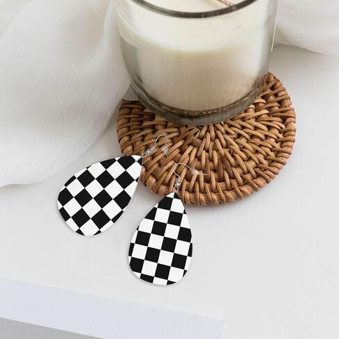 Checkerboard Chess Board Flag Faux Leather Teardrop Earrings for Women Drop Dangle Earrings in Saudi Arabia