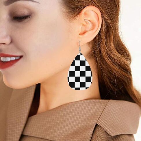 Checkerboard Chess Board Flag Faux Leather Teardrop Earrings for Women Drop Dangle Earrings in Saudi Arabia