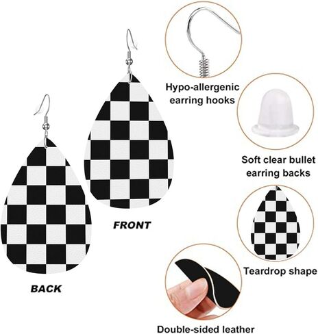 Checkerboard Chess Board Flag Faux Leather Teardrop Earrings for Women Drop Dangle Earrings in Saudi Arabia