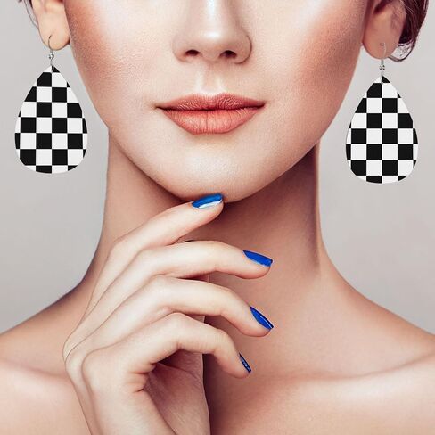 Checkerboard Chess Board Flag Faux Leather Teardrop Earrings for Women Drop Dangle Earrings in Saudi Arabia