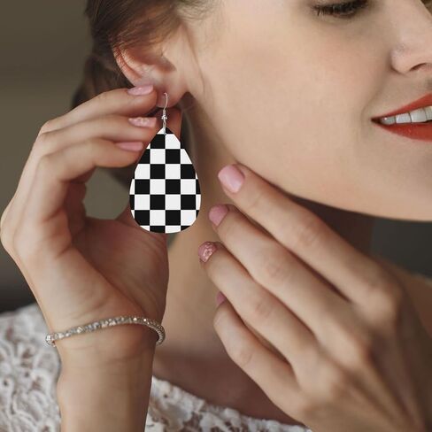 Checkerboard Chess Board Flag Faux Leather Teardrop Earrings for Women Drop Dangle Earrings in Saudi Arabia
