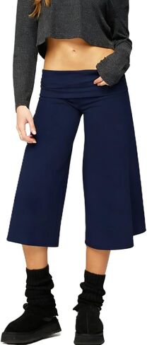 Foidiccx Women Gaucho Capri Pants Y2k Flared Fold Over Low Rise Culotte Wide Leg Pajama Pants Foldover Cropped Lounge Bottoms in Kuwait