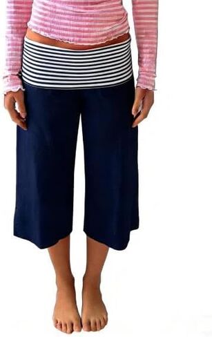 Foidiccx Women Gaucho Capri Pants Y2k Flared Fold Over Low Rise Culotte Wide Leg Pajama Pants Foldover Cropped Lounge Bottoms in Kuwait
