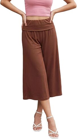 Foidiccx Women Gaucho Capri Pants Y2k Flared Fold Over Low Rise Culotte Wide Leg Pajama Pants Foldover Cropped Lounge Bottoms in Kuwait