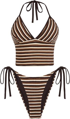 ZAFUL قطعتين ملابس السباحة للنساء الرسن سلاسل الذاتي التعادل مثير Tankini مخطط التعادل الجانب ثوب سباحة مثير القهوة X-Large in Kuwait