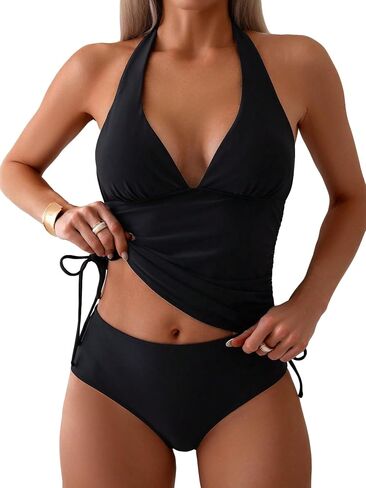 OYOANGLE Women's Tankini Swimsuits Tummy Control Bathing Suit 2 Piece Halter Drawstring Ruched Bikini Sets in Kuwait