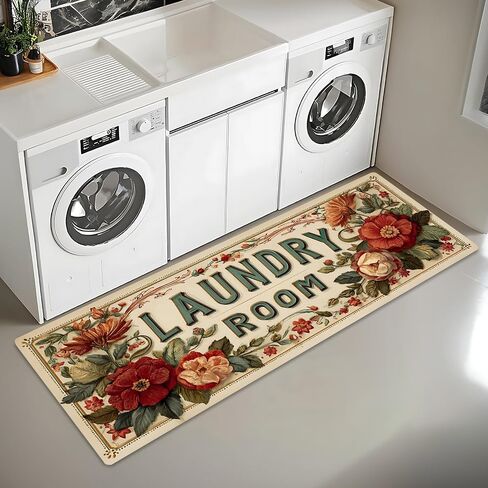 Laundry Room Runner Rug 20x47 inch,Non-Slip Waterproof Floor Mat,Farmhouse Kitchen Floor Mat for Mudroom and Bathroom (Flower, 20"x47") in Saudi Arabia