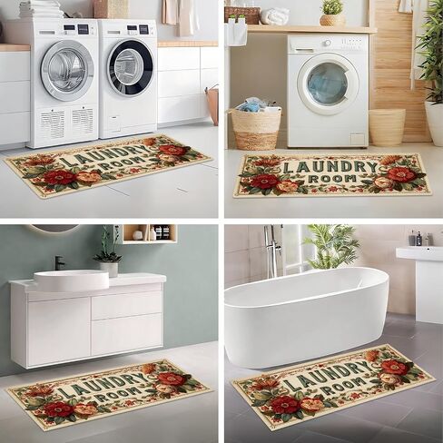 Laundry Room Runner Rug 20x47 inch,Non-Slip Waterproof Floor Mat,Farmhouse Kitchen Floor Mat for Mudroom and Bathroom (Flower, 20"x47") in Saudi Arabia