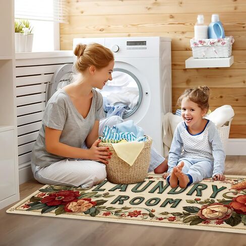 Laundry Room Runner Rug 20x47 inch,Non-Slip Waterproof Floor Mat,Farmhouse Kitchen Floor Mat for Mudroom and Bathroom (Flower, 20"x47") in Saudi Arabia