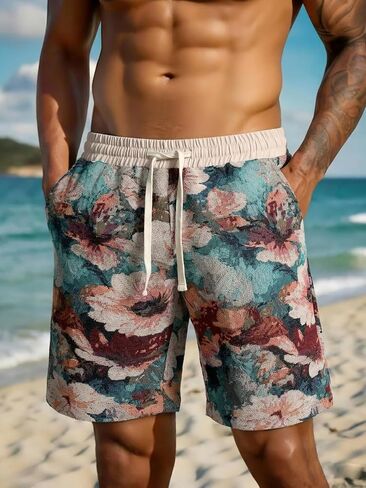 Men's Print Beach Shorts - Elastic Waist Drawstring Casual Summer Shorts in Kuwait