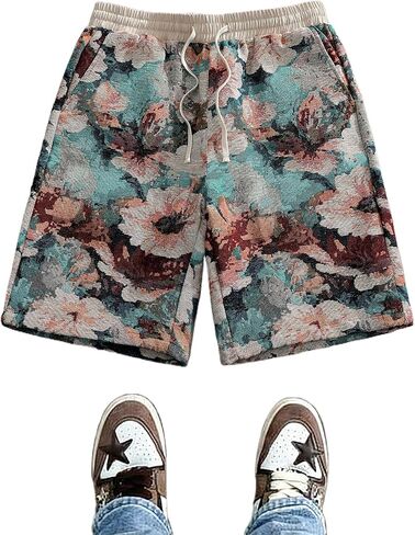 Men's Print Beach Shorts - Elastic Waist Drawstring Casual Summer Shorts in Kuwait