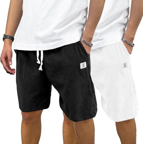 Men's Corduroy Shorts Casual Elastic Waist Drawstring 7 inch Shorts for Men with Pockets in Kuwait