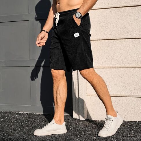 Men's Corduroy Shorts Casual Elastic Waist Drawstring 7 inch Shorts for Men with Pockets in Kuwait