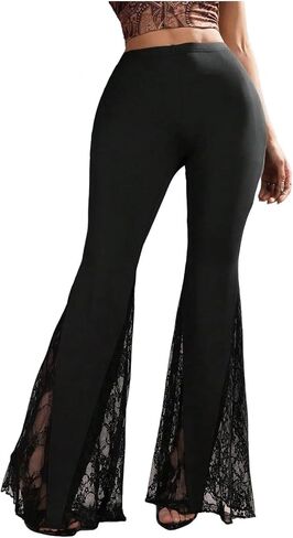 RoseSeek Women's Sheer Lace Y2K Flare Pants Low Rise Elastic Waist Skinny Bell Bottoms Casual Trousers in Saudi Arabia