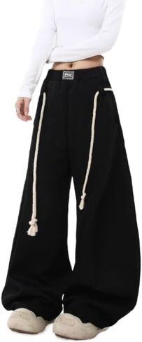 Women's Fashionable Woven Hemp Rope Waist Pants, Loose Wide Leg Lantern Pants, Front Pocket in Saudi Arabia