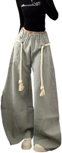 Women's Fashionable Woven Hemp Rope Waist Pants, Loose Wide Leg Lantern Pants, Front Pocket in Saudi Arabia