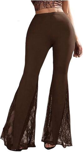 RoseSeek Women's Sheer Lace Y2K Flare Pants Low Rise Elastic Waist Skinny Bell Bottoms Casual Trousers in Saudi Arabia