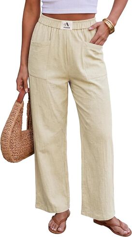 Womens Pants Wide Leg Palazzo Pants Casual High Waisted Summer Flowy Beach Casual Trousers with Pockets in Saudi Arabia