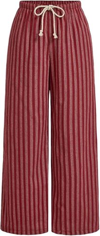 WDIRARA Women's Plus Size Striped Drawstring Waist Pants Loose Wide Leg Trousers with Pockets in Kuwait