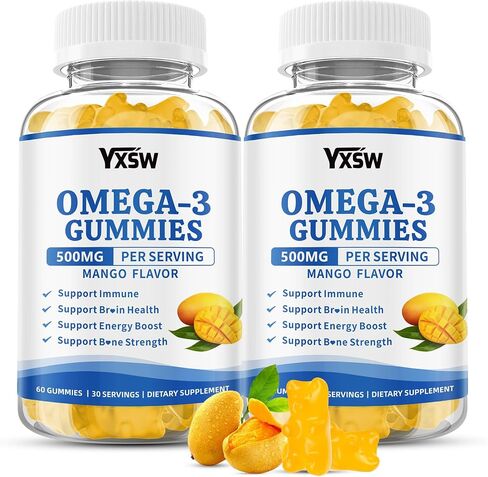 Vegan Omega-3 Gummies 500mg, Omega 3 Fish Oil Alternative for Adults with Plant-Based EPA & DHA & Vitamin A, C, E for Brain, Eye & Immune Health, Sugar Free, Mango Flavor, 60 Count in Saudi Arabia