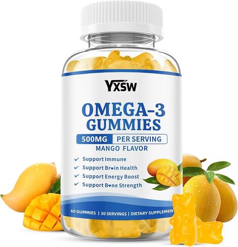 Vegan Omega-3 Gummies 500mg, Omega 3 Fish Oil Alternative for Adults with Plant-Based EPA & DHA & Vitamin A, C, E for Brain, Eye & Immune Health, Sugar Free, Mango Flavor, 60 Count in Saudi Arabia