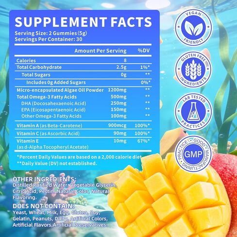 Vegan Omega-3 Gummies 500mg, Omega 3 Fish Oil Alternative for Adults with Plant-Based EPA & DHA & Vitamin A, C, E for Brain, Eye & Immune Health, Sugar Free, Mango Flavor, 60 Count in Saudi Arabia