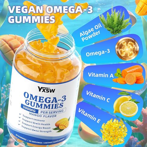 Vegan Omega-3 Gummies 500mg, Omega 3 Fish Oil Alternative for Adults with Plant-Based EPA & DHA & Vitamin A, C, E for Brain, Eye & Immune Health, Sugar Free, Mango Flavor, 60 Count in Saudi Arabia
