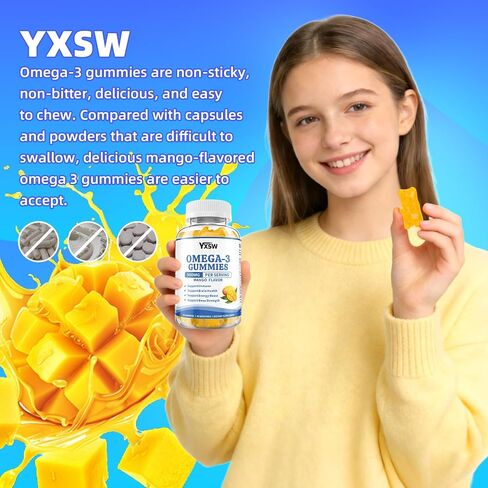 Vegan Omega-3 Gummies 500mg, Omega 3 Fish Oil Alternative for Adults with Plant-Based EPA & DHA & Vitamin A, C, E for Brain, Eye & Immune Health, Sugar Free, Mango Flavor, 60 Count in Saudi Arabia