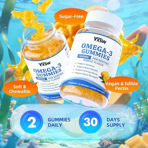 Vegan Omega-3 Gummies 500mg, Omega 3 Fish Oil Alternative for Adults with Plant-Based EPA & DHA & Vitamin A, C, E for Brain, Eye & Immune Health, Sugar Free, Mango Flavor, 60 Count in Saudi Arabia