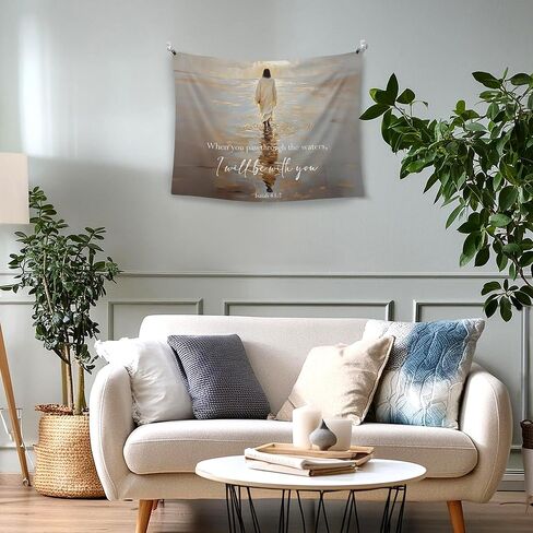 WAITPI Vintage Christian Jesus Pass through The Waters Hanging Wall Tapestry for Bedroom, Bible Verse I Will Be with You Tapestries, Religious Wall Decor Tapestry for Prayer Church Easter 40x30in in Kuwait