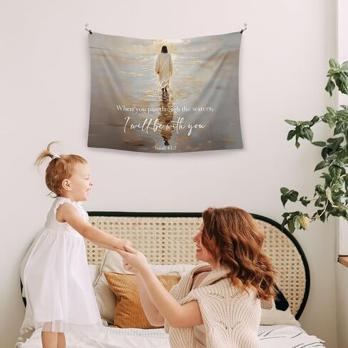 WAITPI Vintage Christian Jesus Pass through The Waters Hanging Wall Tapestry for Bedroom, Bible Verse I Will Be with You Tapestries, Religious Wall Decor Tapestry for Prayer Church Easter 40x30in in Kuwait