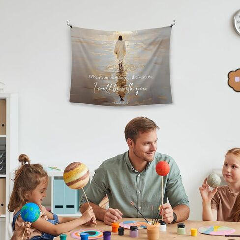 WAITPI Vintage Christian Jesus Pass through The Waters Hanging Wall Tapestry for Bedroom, Bible Verse I Will Be with You Tapestries, Religious Wall Decor Tapestry for Prayer Church Easter 40x30in in Kuwait
