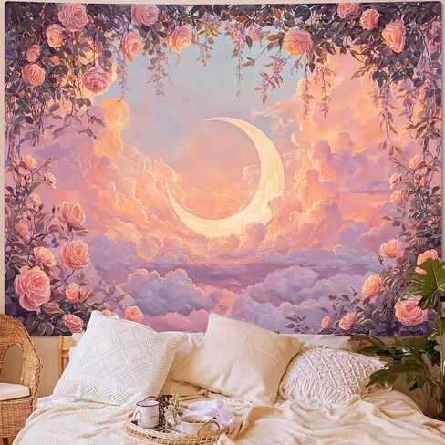 Leeisysme Pastel Rose and Moon Tapestry, Romantic Floral Dreamy Cloudscape Aesthetic Wall Art Bedroom Living Room Decor for Girl Women, Pink 36x48 inches in Saudi Arabia