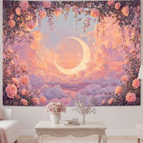 Leeisysme Pastel Rose and Moon Tapestry, Romantic Floral Dreamy Cloudscape Aesthetic Wall Art Bedroom Living Room Decor for Girl Women, Pink 36x48 inches in Saudi Arabia