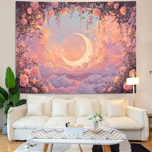 Leeisysme Pastel Rose and Moon Tapestry, Romantic Floral Dreamy Cloudscape Aesthetic Wall Art Bedroom Living Room Decor for Girl Women, Pink 36x48 inches in Saudi Arabia