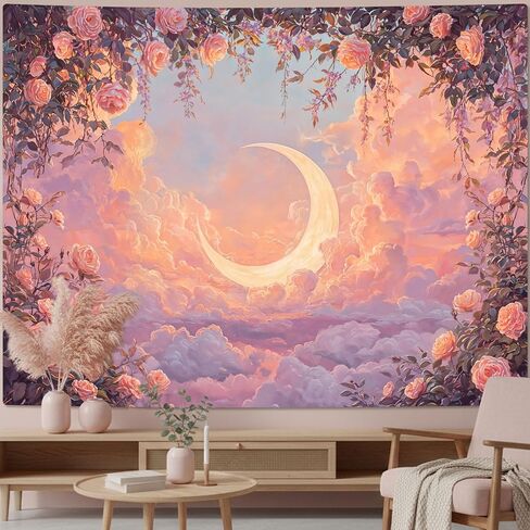 Leeisysme Pastel Rose and Moon Tapestry, Romantic Floral Dreamy Cloudscape Aesthetic Wall Art Bedroom Living Room Decor for Girl Women, Pink 36x48 inches in Saudi Arabia